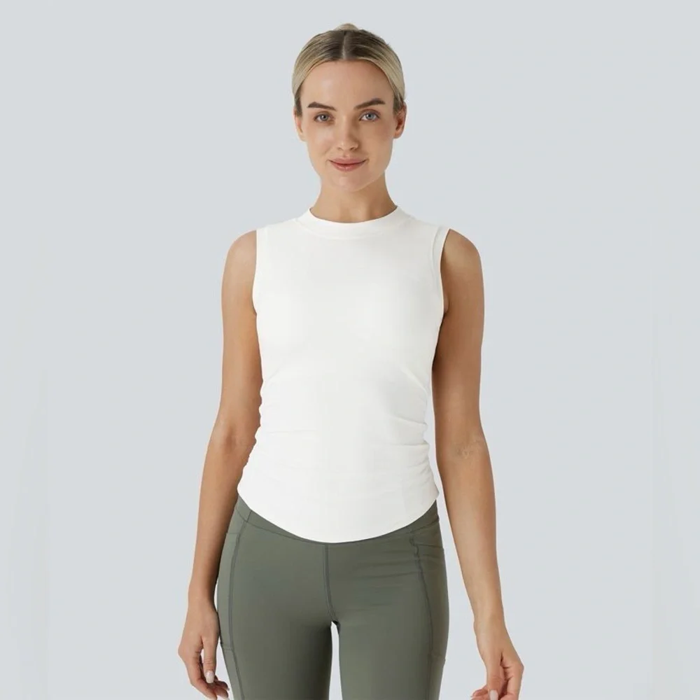 Halara Softlyzero™ Stand Collar Ruched Curved Hem Skinny Yoga Tank Top-UPF50+ XS